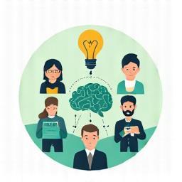 Circle image representing shared knowledge and learning, showing connected brains and lightbulbs.