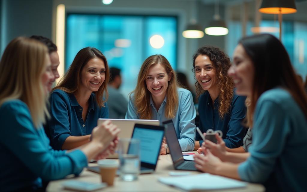 Diverse group of property professionals collaborating with technology, representing community and innovation.