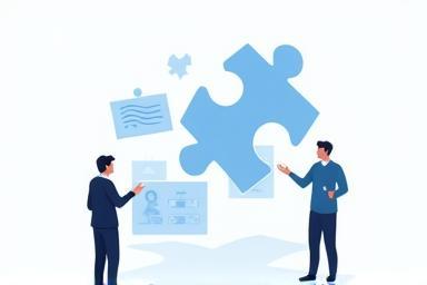 Icon representing system consulting, showing people collaborating around a tech diagram.